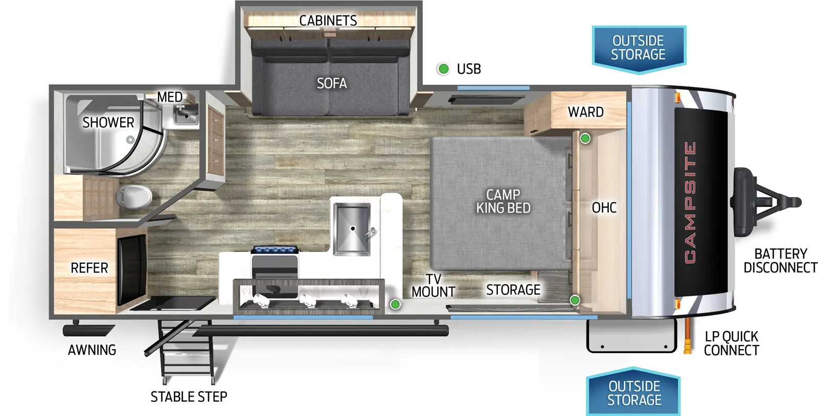 The Campsite Reserve 19KB floorplan has one entry and one slide out. Exterior features include: metal exterior. Interiors features include: front bedroom.